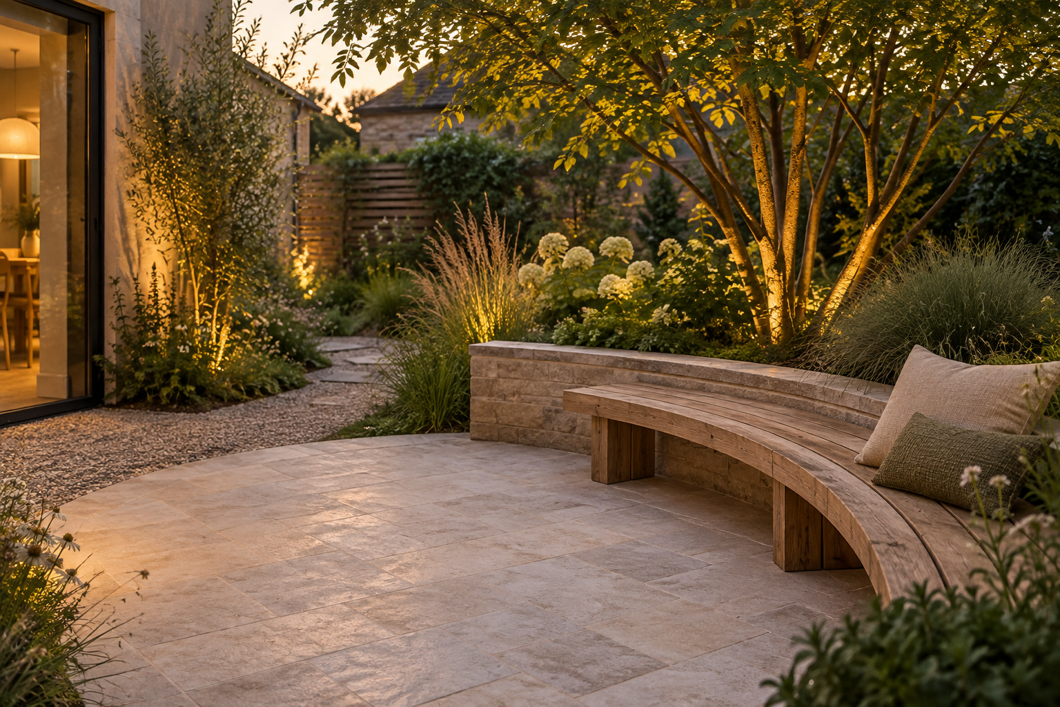 A sheltered courtyard with curved paving and layered planting